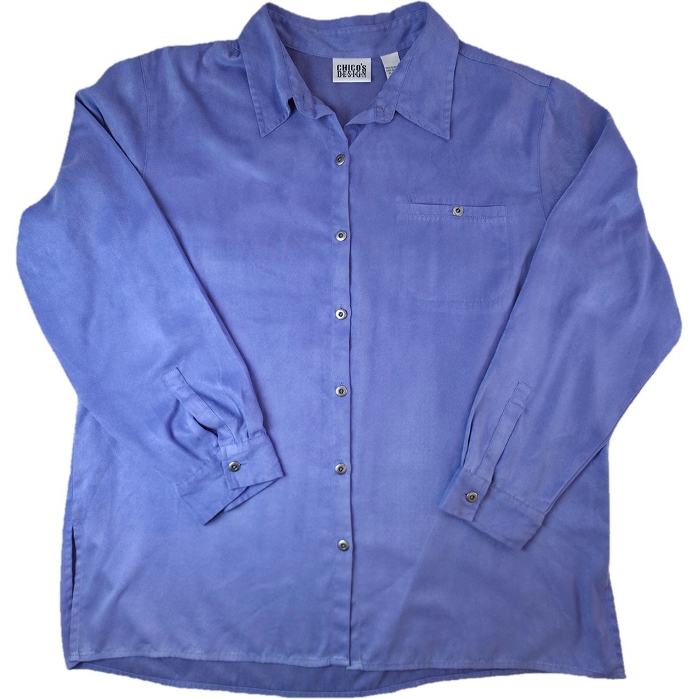 Chico's Design Button Up Shirt Womens Size 3 Blue Long Sleeve Pocket Excellent